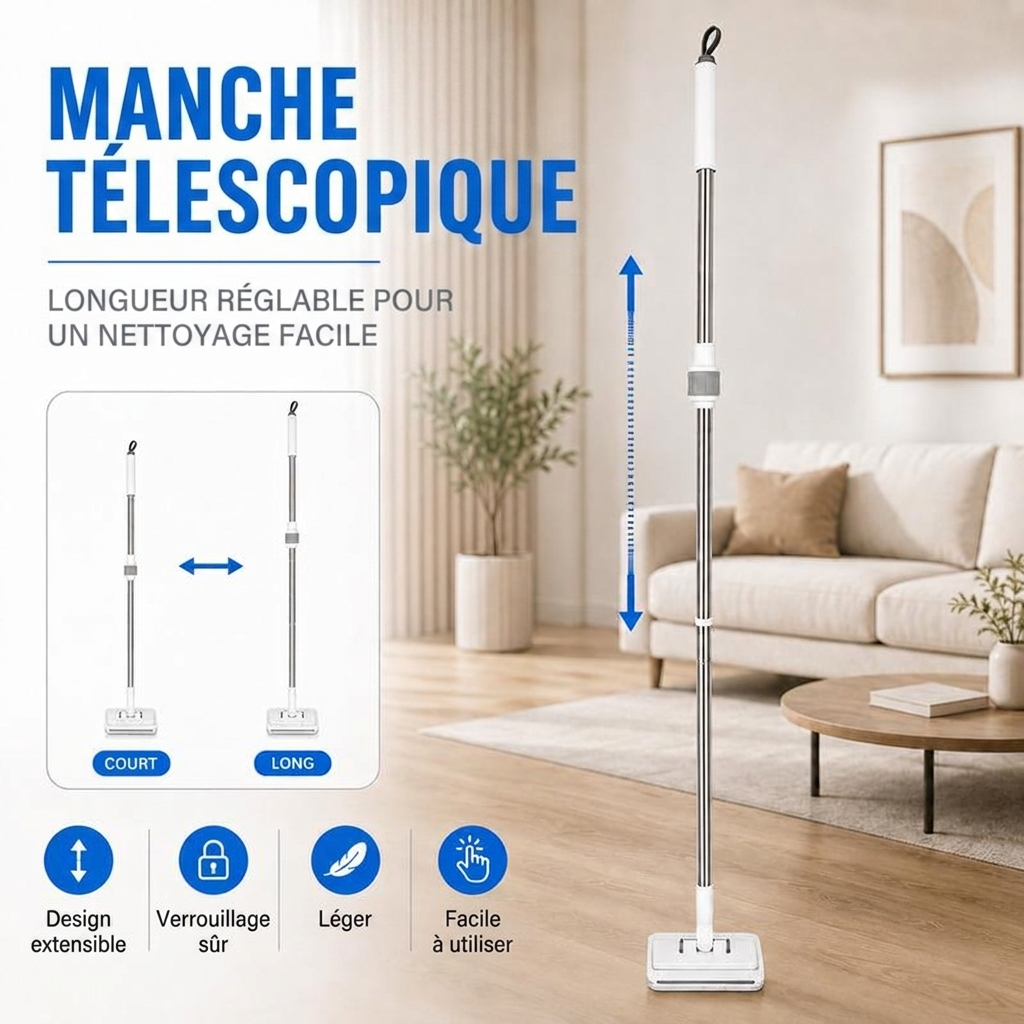 Kdoo® - Balai Plat Microfibre à Manche Télescopique, Tête Pivotante 360° & Double Serrage — Lingettes Lavables Réutilisables pour Parquet, Carrelage, Stratifié, Vitres & Plinthes