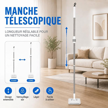 Kdoo® - Balai Plat Microfibre à Manche Télescopique, Tête Pivotante 360° & Double Serrage — Lingettes Lavables Réutilisables pour Parquet, Carrelage, Stratifié, Vitres & Plinthes