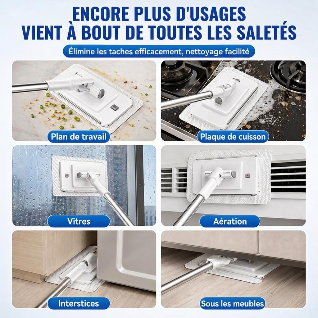 Kdoo® - Balai Plat Microfibre à Manche Télescopique, Tête Pivotante 360° & Double Serrage — Lingettes Lavables Réutilisables pour Parquet, Carrelage, Stratifié, Vitres & Plinthes